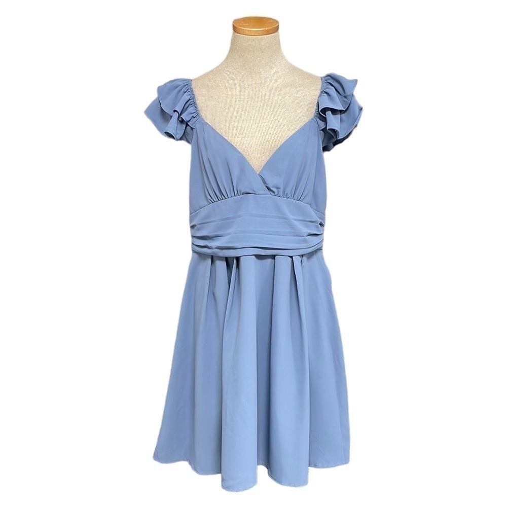 Mint Choco Blue Ruffle Sleeve V-Neck Mini Dress NWT Open Back Size Large L
